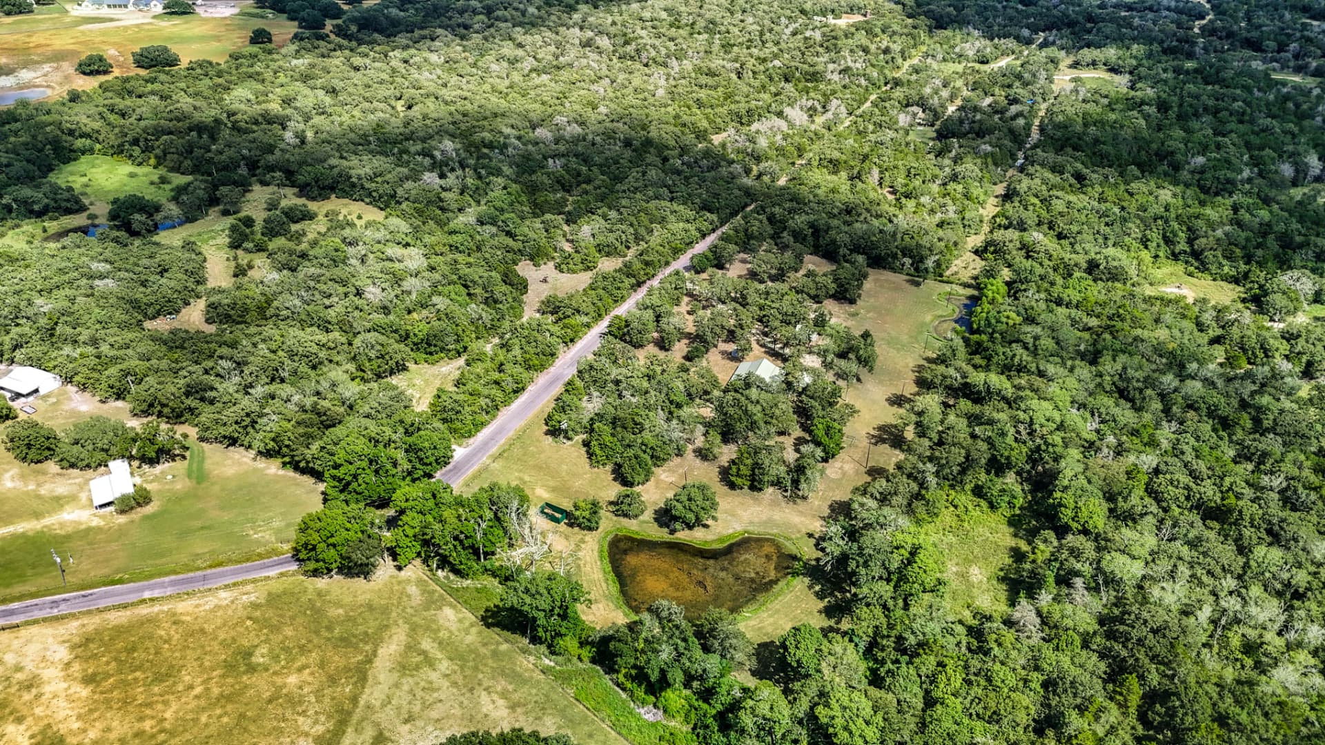 Wide aerial of the acreage with heavy tree cover and neighboring pastureland
